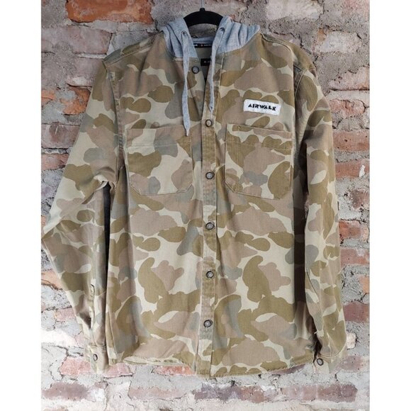 Airwalk Other - Airwalk Jean Jacket Hoodie Mens Sz S Button Up Long Sleeve Desert Camo Denim ab